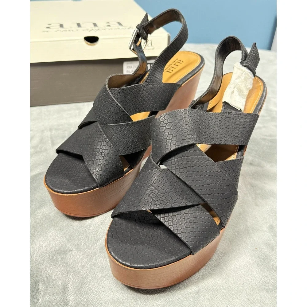 ana Dorian Womens 10 Black Platform Wedge Sandals Crisscross Strap